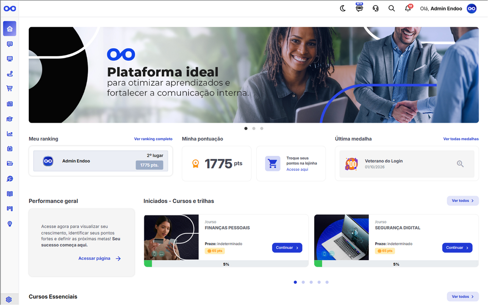 Plataforma Endoo com treinamento e comunicação corporativa no mesmo acesso